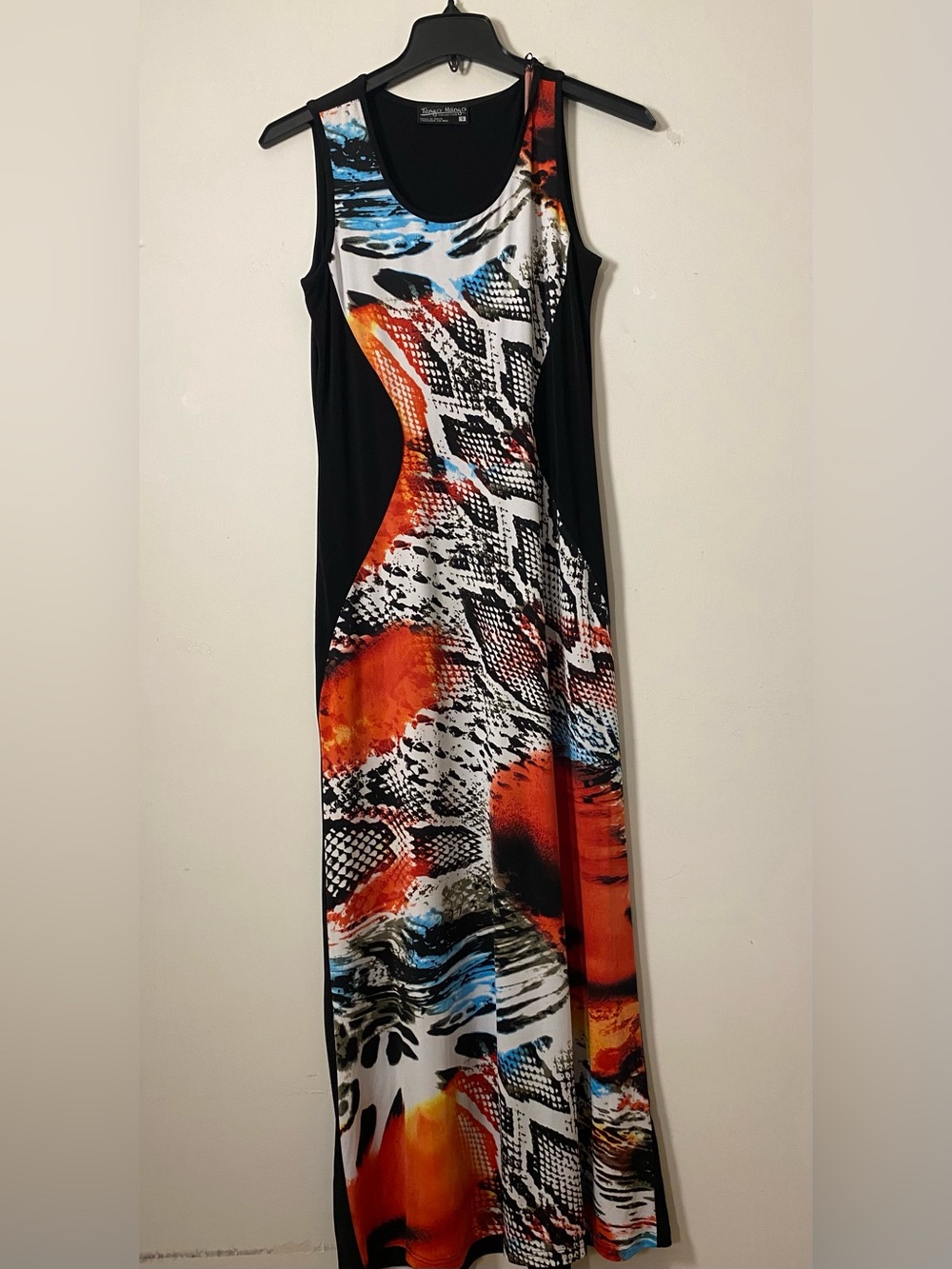 Sleeveless Black Maxi Dress with Orange & Blue Abstract Print